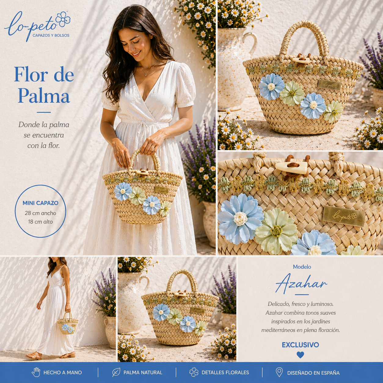 Azahar collage informativo — mini capazo palma hecho a mano España flores — lo-peto