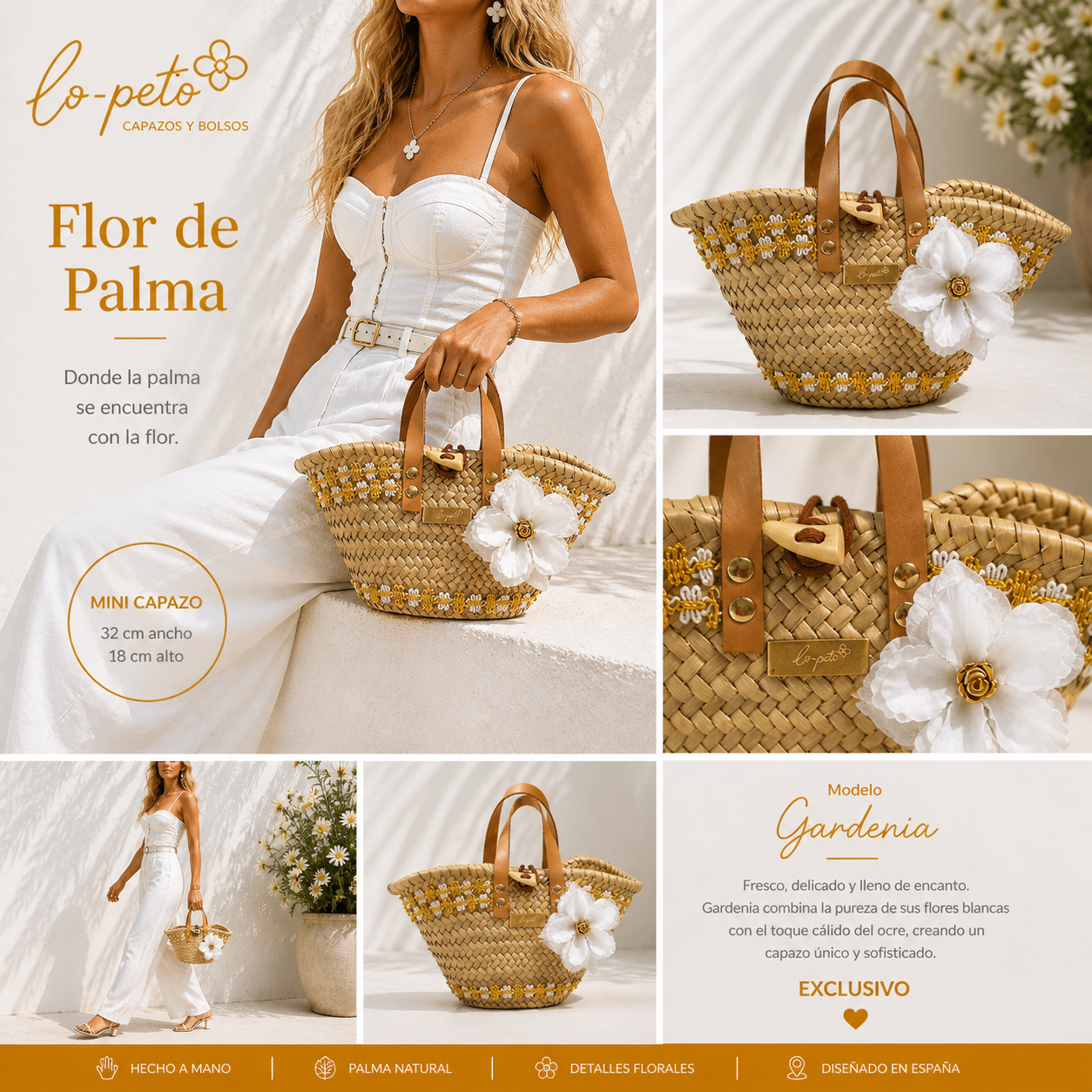 Gardenia collage informativo — capazo palma floral exclusivo — lo-peto