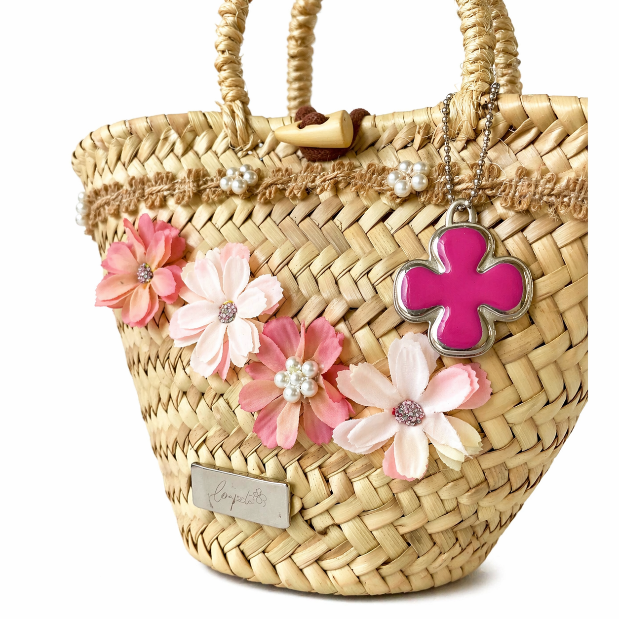 capazo Dalia detalles florales — capazo palma con flor — lo-peto