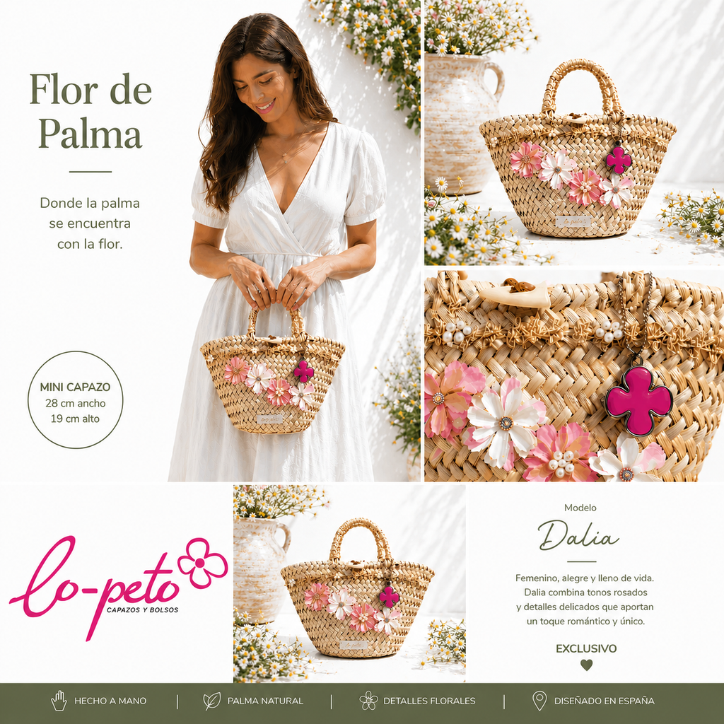 Capazo Dalia  en uso — capazo palma floral exclusivo — lo-peto
